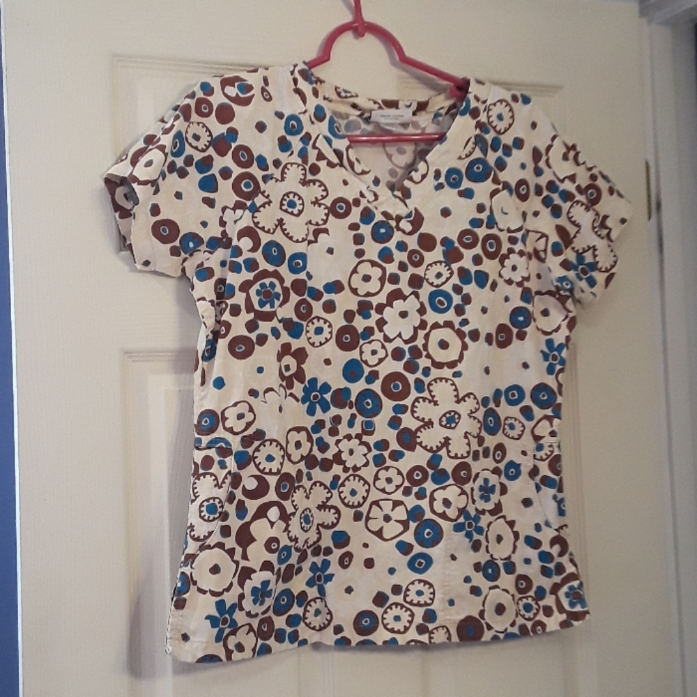 Katherine Heigl Scrub Top Brown Teal  Blue S